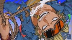 1boy black_eyes blonde_hair blue_jacket blue_pants cigar commentary_request crew_neck dated facial_hair fingernails goggles goggles_on_head holding holding_rope jacket looking_at_viewer male_focus one_piece open_clothes open_jacket orange_theme p_anemoia pants paulie_(one_piece) print_shirt rope sanpaku shirt smoke smoke_trail smoking solo t-shirt teeth unzipped upside-down yellow_shirt zipper