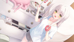 1girl :d absurdres chest_of_drawers collarbone dutch_angle green_eyes grey_shorts hair_between_eyes hair_ornament hair_scrunchie hands_up highres holding indoors long_hair looking_at_viewer open_mouth original scrunchie shirt short_shorts short_sleeves shorts smile solo tsuchikure very_long_hair white_hair white_shirt