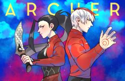 1boy 1girl archer_(fate) archer_(fate)_(cosplay) back-to-back black_eyes black_hair boku_no_hero_academia breasts command_spell commentary cosplay fate/stay_night fate_(series) holding holding_sword holding_weapon medium_breasts multicolored_hair ponytail red_eyes red_hair signature split-color_hair steohsama sword todoroki_shoto tohsaka_rin tohsaka_rin_(cosplay) weapon white_hair yaoyorozu_momo yin_yang