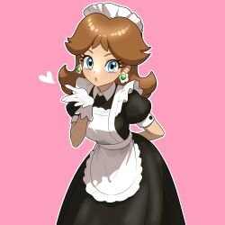 1girl absurdres alternate_costume apron arm_behind_back black_dress blowing_kiss blue_eyes brown_hair commentary dress earrings enmaided gloves heart highres jewelry lips maid maid_apron maid_headdress mario_(series) muis0802 nintendo pink_background pink_lips princess_daisy puffy_short_sleeves puffy_sleeves short_sleeves simple_background solo white_apron white_gloves