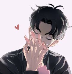 Rule 34 | 1boy, 1girl, ayase momo, black hair, black jacket, chappyvii, closed eyes, commentary, couple, dandadan, english commentary, gakuran, glasses, heart, highres, holding hands, interlocked fingers, jacket, kami high school uniform, kiss, kissing hand, long sleeves, pink sweater, pov, pov hands, round eyewear, school uniform, short hair, simple background, sweater, takakura ken (dandadan), twitter username, upper body