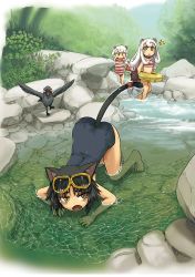 3girls ^^^ all_fours animal_ears barefoot bird black_hair cat_ears cat_tail crab diving_goggles diving_mask dog_ears goggles ike_(altitude_attitude) innertube koma_(neko_musume_michikusa_nikki) komainu kurona_(neko_musume_michikusa_nikki) multiple_girls neko_musume_michikusa_nikki one-piece_swimsuit pond shishimaru_(neko_musume_michikusa_nikki) stone swim_ring swimming swimsuit tail tengu_(neko_musume_michikusa_nikki) top-down_bottom-up tube water white_hair yellow_eyes
