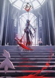 1girl arlecchino_(genshin_impact) black_gloves black_hair black_pants blood character_name coat crimson_moon&#039;s_semblance_(genshin_impact) english_text frills from_behind full_body genshin_impact gloves grey_hair highres holding holding_scythe indoors jewelry kukatsuma multicolored_hair pants ponytail red_hair ring scythe shirt solo stairs throne twitter_username white_coat white_hair white_shirt window