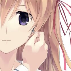 1girl blonde_hair chaos;child chaos;child_love_chu_chu!! close-up hair_ribbon kurusu_nono long_hair looking_at_viewer official_art portrait purple_eyes ribbon sad sasaki_mutsumi simple_background solo unzipping white_background zipper zipper_pull_tab