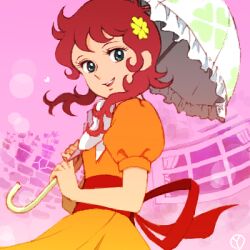 Rule 34 | 1girl, bow, bowtie, clover hair ornament, clover print, commentary, cowboy shot, dress, flower, flower pot, four-leaf clover hair ornament, green eyes, green umbrella, hair ornament, holding, holding umbrella, kanzaki megu, looking at viewer, lowres, majokko megu-chan, medium hair, open mouth, orange dress, parasol, pink background, puffy short sleeves, puffy sleeves, red hair, sakai yume, short sleeves, smile, solo, standing, teeth, umbrella, upper teeth only, white bow, white bowtie, window