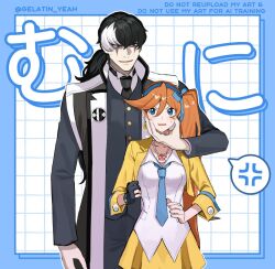 1boy 1girl :d ace_attorney anger_vein angry athena_cykes black_gloves black_hair black_jacket black_necktie black_pants blue_bow blue_eyes blue_hairband blue_necktie bow bow_hairband collared_shirt crescent crescent_earrings cropped_jacket earrings gloves grid_background gumi_(gelatin) hair_between_eyes hair_bow hairband hand_on_another&#039;s_face height_difference jacket jewelry long_hair long_sleeves looking_at_another multicolored_hair necklace necktie open_clothes open_jacket open_mouth orange_hair pants partially_fingerless_gloves shirt side_ponytail simon_blackquill single_earring single_glove skirt smile spoken_anger_vein sweatdrop twitter_username two-tone_hair very_long_hair white_hair white_shirt yellow_jacket yellow_skirt