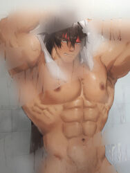 1boy abs annoyed armpits arms_up artist_name bara brown_hair commentary completely_nude condensation drying drying_hair english_commentary glass_door guilty_gear headband highres large_pectorals looking_at_viewer male_focus muscular muscular_male navel nipples nude out-of-frame_censoring pectorals ponytail rayoneus sol_badguy solo steam towel veins veiny_arms wet