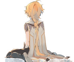 Rule 34 | 1boy, aether (genshin impact), ahoge, arm armor, armor, back, baggy pants, blonde hair, boots, braid, brown pants, brown shirt, cape, genshin impact, gold trim, grey boots, highres, long hair, male focus, pants, reflection, sakusakuagetate, scarf, shirt, short sleeves, shoulder armor, simple background, sitting, solo, white background, white cape, white scarf