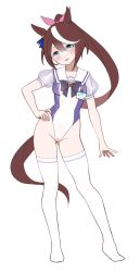 1girl adapted_costume animal_ears black_bow black_bowtie blue_eyes blush bow bowtie breasts brown_hair cleft_of_venus commentary_request full_body hair_bow highres horse_ears horse_girl horse_tail leotard long_hair looking_at_viewer multicolored_hair nipple_piercing nipples open_mouth piercing ponytail puffy_short_sleeves puffy_sleeves purple_leotard pussy pussy_piercing school_uniform see-through_clothes see-through_leotard short_sleeves simple_background small_breasts smile solo standing streaked_hair tail thighhighs tokai_teio_(umamusume) tracen_school_uniform two-tone_hair ugohato umamusume white_background white_hair white_thighhighs