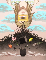 1girl blonde_hair broken_egg bug butterfly cassette_tape closed_mouth covered_eyes crrr-lake egg english_text feathers flower food fruit highres insect laura_vanderboom lips medium_hair mushroom pill pink_flower pink_sky rusty_lake sky smiley_face solo straight-on upside-down
