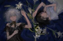 2girls amemori_sayo bare_shoulders black_bow black_bowtie black_choker black_dress black_hair black_sleeves blue_background bow bow_choker bowtie choker colored_eyelashes commentary_request crescent crescent_necklace dress fingernails flower hair_spread_out half-closed_eyes hand_on_own_chest highres jewelry kudou_chitose lily_(flower) long_sleeves looking_at_viewer lying multiple_girls necklace nijisanji off-shoulder_dress off_shoulder on_back on_side parted_lips qunqing123 shoes short_hair upper_body upside-down virtual_youtuber white_bow white_bowtie white_choker white_dress white_hair white_shoes white_sleeves yellow_eyes