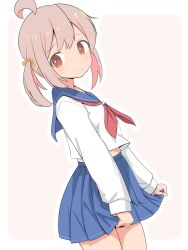 1girl ahoge alternate_costume alternate_hairstyle bare_legs blue_sailor_collar blue_skirt border brown_eyes commentary cowboy_shot hair_ribbon highres long_sleeves looking_at_viewer necktie onii-chan_wa_oshimai! outline outside_border oyama_mahiro pink_background pink_hair pleated_skirt red_necktie ribbon sailor_collar school_uniform serafuku shirt simple_background skirt skirt_hold smile solo twintails unkimo white_border white_outline white_shirt yellow_ribbon