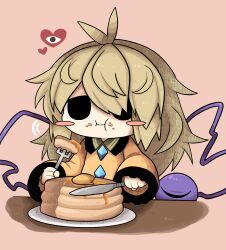1girl :i black_eyes blush_stickers butter buttons closed_mouth diamond_(shape) diamond_button eating food food_on_face fork frilled_shirt frilled_shirt_collar frilled_sleeves frills green_hair heart highres holding holding_fork holding_knife honey knife komeiji_koishi long_hair long_sleeves no_headwear one_eye_covered pancake pancake_stack plate shaded_face shirt simple_background sitting sleeves_past_wrists solo third_eye touhou yellow_shirt zunusama