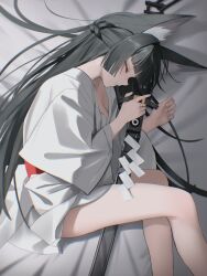 1girl absurdres alternate_costume animal_ear_fluff animal_ears bare_legs black_hair blunt_bangs braid breasts chromatic_aberration cleavage closed_eyes commentary_request cowboy_shot fingernails fox_ears fox_girl from_above half_up_braid highres holding holding_sword holding_weapon hoshimi_miyabi japanese_clothes katana kimono legs long_hair lying medium_breasts on_side parted_lips scabbard sheath sheathed shide sidelocks sleeping solo sword thighs thomas_8000 weapon white_kimono zenless_zone_zero