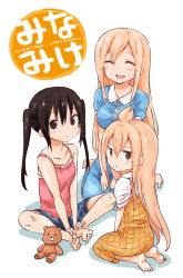 3girls :&lt; ^_^ ahoge bad_id bad_pixiv_id black_hair blush_stickers breasts brown_eyes brown_hair casual closed_eyes fujioka-kuma_(minami-ke) highres long_hair looking_at_viewer minami-ke minami_chiaki minami_haruka minami_kana multiple_girls open_mouth sankakuhead simple_background sitting sketch small_breasts smile twintails white_background
