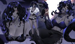1girl absurdres black_gloves black_hair black_wings blue_tongue bra breasts choker cleavage colored_inner_hair colored_skin colored_tongue cowboy_shot criss-cross_straps crop_top curly_hair face_piercing fingerless_gloves from_behind full_body gentlenuey gloves grey_skin hair_over_one_eye highres jacket jewelry lip_piercing long_hair multicolored_hair multiple_views neck_tattoo necklace open_mouth original pants piercing shirt single_wing smile standing tattoo thigh_strap tied_shirt underwear upper_body white_shirt wings yellow_eyes