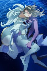 2girls absurdres blonde_hair bodysuit breasts cape closed_eyes commission commissioner_upload diving_suit earrings fusenryo hand_on_another&#039;s_leg hand_on_another&#039;s_waist highres holding_another&#039;s_leg holding_another&#039;s_thighs holding_another&#039;s_waist jewelry kiss leg_lift lightning_bolt_symbol long_hair marvel medium_breasts multiple_girls puffy_sleeves purple_bodysuit purple_wetsuit ryona shoulder_pads skeb_commission spider-man_and_the_x-men_in_arcade&#039;s_revenge storm_(x-men) thighs underwater water wetsuit white_bodysuit white_cape white_hair yuri
