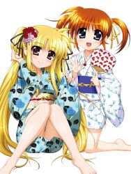 Rule 34 | 2girls, absurdres, aqua kimono, bardiche (nanoha), bardiche (standby form) (nanoha), barefoot, black ribbon, blonde hair, blue eyes, blush, brown hair, closed mouth, commentary request, dragonfly print, fate testarossa, floral print, flower, hair flower, hair ornament, hair ribbon, hand fan, higa yukari, highres, holding, holding fan, holding own hair, japanese clothes, jewelry, kimono, kneeling, knees together feet apart, long hair, long sleeves, looking at viewer, lyrical nanoha, multiple girls, necklace, obi, official art, open mouth, paper fan, pearl necklace, print kimono, raising heart, raising heart (standby mode), red eyes, ribbon, sash, short hair, sitting, smile, takamachi nanoha, twintails, uchiwa, very long hair, waving, white kimono, wide sleeves, yellow ribbon, yukata