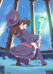 Rule 34 | 1girl, :d, ass, asymmetrical bangs, belt, blunt bangs, boots, brown hair, cloud, commentary request, dress, from behind, full body, hat, high ponytail, highres, holding, holding staff, hood, hood down, hooded dress, indoors, kagari atsuko, knee boots, little witch academia, long sleeves, looking at viewer, looking back, luna nova school uniform, mage (harumagedon), no panties, open mouth, ponytail, purple boots, purple dress, purple hat, school uniform, shiny rod (little witch academia), smile, solo, staff, star (symbol), teeth, thighs, upper teeth only, witch