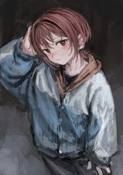 Rule 34 | 1girl, black pants, brown hair, closed mouth, grey jacket, hand up, highres, jacket, level9kaito, looking at viewer, original, pants, red eyes, solo