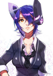 1girl black_cardigan black_necktie breasts cardigan cleavage closed_mouth collared_shirt commentary_request eyepatch hair_between_eyes headgear kantai_collection lips medium_breasts mogamiya_honu necktie purple_hair shirt short_hair signature simple_background solo tenryuu_(kancolle) upper_body white_shirt