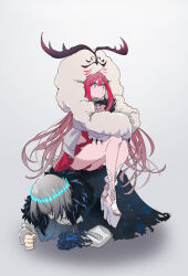 1boy 1girl antlers baobhan_sith_(fate) baobhan_sith_(swimsuit_pretender)_(first_ascension)_(fate) cape cernunnos_(fate) character_hood clenched_hand commentary_request crown eye: fate/grand_order fate_(series) full_body fur-trimmed_jacket fur_trim grey_eyes grey_hair headwear_with_attached_mittens high_heels highres horns human_chair human_furniture jacket legs long_hair looking_up medium_hair oberon_(fate) oberon_(third_ascension)_(fate) platform_footwear platform_heels red_hair sidelocks sitting sitting_on_person white_background white_footwear