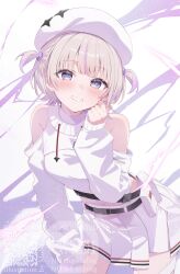 1girl absurdres bare_shoulders belt beret black_belt blonde_hair breasts covered_navel grin hand_up hat highres hololive hololive_dev_is leaning_forward leotard looking_at_viewer miniskirt motoi_(croa76) multicolored_hair pouch purple_eyes shrug_(clothing) skirt small_breasts smile solo streaked_hair todoroki_hajime todoroki_hajime_(regloss_uniform) two_side_up virtual_youtuber watermark white_hat white_leotard white_skirt