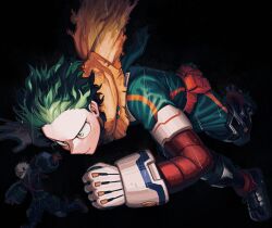 bakugou_katsuki blonde_hair bodysuit boku_no_hero_academia dekudash gloves green_bodysuit green_eyes green_hair highres looking_at_viewer male_focus midoriya_izuku rain short_hair simple_background solo_focus spiked_hair superhero_costume