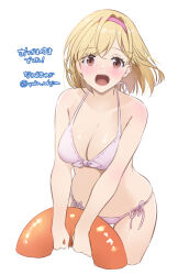 Rule 34 | 1girl, artist name, bikini, blonde hair, blush, breasts, brown eyes, cleavage, commentary request, cropped legs, djeeta (granblue fantasy), granblue fantasy, hairband, halterneck, holding, holding swim ring, innertube, looking at viewer, medium breasts, nakajima yuka, open mouth, pink bikini, pink hairband, short hair, side-tie bikini bottom, simple background, solo, string bikini, swim ring, swimsuit, translation request, twitter username, white background