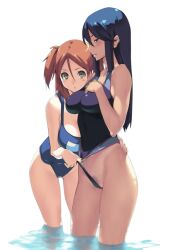 Rule 34 | 2girls, assisted exposure, blue eyes, blue hair, blush, breasts, brown eyes, brown hair, clothes pull, competition school swimsuit, covered erect nipples, female focus, female pubic hair, frontal wedgie, gluteal fold, hair between eyes, half-closed eyes, jpeg artifacts, large breasts, leaning, leaning forward, long hair, looking at viewer, multiple girls, name tag, one-piece swimsuit, one-piece swimsuit pull, original, parted lips, profile, pubic hair, sasaoka gungu, school swimsuit, standing, swimsuit, tan, tanline, two side up, wading, water, wedgie, wet, yuri
