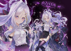 Rule 34 | 1girl, ahoge, black halo, black skirt, blue archive, breasts, comiket 106, demon girl, demon horns, demon wings, halo, hina (blue archive), horns, kobayashi yoshitaka, long hair, looking at viewer, purple eyes, skirt, small breasts, solo, very long hair, white hair, wings