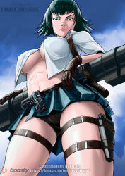 Rule 34 | 1girl, absurdres, artist name, bike shorts, black hair, breasts, brown gloves, devil may cry, devil may cry (series), devil may cry 3, gloves, green eyes, heterochromia, highres, kalina ann (weapon), lady (devil may cry), looking at viewer, looking down, navel, red eyes, rocket launcher, shirt, thigh strap, torfinshpiegel, underboob, weapon, white shirt