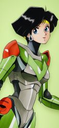 1990s_(style) 1girl armor black_hair blue_eyes brown_hair bubblegum_crisis cyberpunk green_background hairband hardsuit highres linna_yamazaki liqueur_(retroot1) looking_at_viewer open_mouth power_armor retro_artstyle short_hair simple_background smile yellow_hairband
