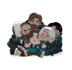 Rule 34 | 2girls, 4boys, bald, beard, belt, black belt, black bodysuit, black boots, black hair, blue bodysuit, blue shirt, blue shoes, blush, bodysuit, boots, brown hair, brown pants, bucky barnes, chibi, chibi only, closed eyes, closed mouth, facial hair, father and daughter, fingerless gloves, freckles, full body, ghost (marvel), gloves, green bodysuit, green gloves, highres, hug, john walker (marvel), long sleeves, marvel, marvel cinematic universe, multiple boys, multiple girls, pants, pocket, prosthesis, prosthetic arm, red bodysuit, red gloves, red guardian (marvel), seiza, sentry (marvel), shadow, shield, shield on back, shirt, shoes, short hair, simple background, sitting, smile, spread legs, standing, stephen byrne, superhero costume, thunderbolts (movie), white background, white belt, white boots, white hair, white mask, yelena belova