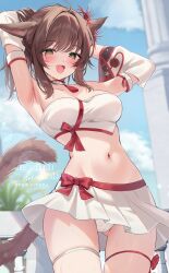 1girl absurdres animal_ears blush breasts brown_hair cat_ears cat_girl cat_tail detached_sleeves facial_mark fang final_fantasy final_fantasy_xiv green_eyes highres looking_at_viewer miniskirt miqo&#039;te navel open_mouth outdoors panties ponytail short_hair skin_fang skirt slit_pupils solo strapless suzumori_(su2525) tail thigh_strap tube_top underwear warrior_of_light_(ff14) whisker_markings white_panties white_skirt