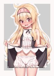 1girl absurdres artist_request blonde_hair bloomers blush breasts clothes_lift dress dress_lift embarrassed hairband highres lifting_own_clothes little_witch_nobeta long_hair looking_at_viewer nobeta nobeta_(witch_skin) official_art open_mouth red_eyes small_breasts solo sweatdrop underwear variant_set white_bloomers