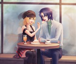 Rule 34 | 1boy, 1girl, :d, absurdres, alternate costume, athrun zala, black hat, black shirt, black thighhighs, blonde hair, blue hair, brown eyes, cagalli yula athha, cake, casual, collarbone, couple, dating, feeding, food, green eyes, green sweater, grey jacket, gundam, gundam seed, hand on another&#039;s lap, hat, hetero, highres, holding, holding spoon, jacket, koban (zouwqprlfvilaod), miniskirt, open clothes, open jacket, open mouth, pants, plaid clothes, plaid skirt, pleated skirt, purple pants, shirt, short hair, sitting, skirt, smile, spoon, strawberry shortcake, sweater, thighhighs, zettai ryouiki