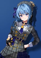 Rule 34 | 1girl, ascot, belt, black choker, black gloves, blue ascot, blue background, blue belt, blue eyes, blue hair, blue ribbon, choker, closed mouth, crown, dress, gloves, hair ribbon, highres, hololive, hoshimachi suisei, hoshimachi suisei (1st costume), mini crown, mnemo (mnemorikriyairo), plaid clothes, plaid dress, plaid shirt, plaid skirt, ribbon, shirt, side ponytail, simple background, skirt, smile, solo, virtual youtuber