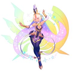 1girl arabian_clothes azure_striker_gunvolt azure_striker_gunvolt_3 bare_shoulders black_pantyhose blonde_hair breasts cleavage dark-skinned_female dark_skin full_body headgear highres luxia_(gunvolt) medium_breasts official_art pantyhose purple_eyes short_hair simple_background solo sparkle veil white_background