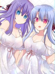 2girls absurdres alternate_costume bare_shoulders black_bow blue_eyes blue_hair blunt_ends blush bow breasts cleavage closed_mouth commentary_request cowboy_shot dress dress_ribbon dutch_angle eyes_visible_through_hair hair_between_eyes hair_bow hair_ribbon hand_up happy highres large_breasts light_particles long_hair looking_at_viewer multiple_girls open_mouth pink_ribbon purple_hair red_eyes red_ribbon ribbon siblings side-by-side sidelocks signature simple_background sisters sleeveless sleeveless_dress smile sorakado_ai sorakado_ao split_mouth summer_pockets sundress twins ura_(ura-tennislove) very_long_hair white_background white_dress