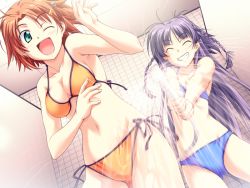 Rule 34 | 2girls, bare shoulders, bath, bikini, braid, breasts, brown hair, clenched teeth, game cg, green eyes, grin, happy, hasumi ichino, legs, long hair, multiple girls, open mouth, orihara natsumi, pulltop, purple hair, short hair, shower (place), shower head, smile, standing, swimsuit, takeya masami, te to te try on, teeth, thighs, wince