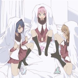 Rule 34 | 3girls, bed, blonde hair, blue eyes, blue hair, blush, brown eyes, furutani himawari, multiple girls, oomuro sakurako, panties, pink hair, pink panties, polka dot, polka dot panties, school uniform, striped clothes, striped panties, underwear, yoshikawa chinatsu, yuruyuri