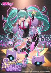 1girl animal_ear_headphones animal_ears aqua_eyes aqua_hair arm_tattoo artist_name black_gloves black_skirt black_thighhighs breasts cat_ear_headphones center_frills commentary_request copyright_notice cross-shaped_pupils digital_stars digital_stars_miku digital_stars_miku_(2023) fake_animal_ears frilled_skirt frills full_body gloves hatsune_miku headphones highres izumi_sai jacket leg_up logo looking_at_viewer megaphone number_tattoo official_art open_clothes open_jacket pink_gloves purple_jacket purple_shoes second-party_source sharp_teeth shirt shoes single_thighhigh skirt solo speaker star_(symbol) symbol-shaped_pupils tattoo teeth thighhighs two-tone_gloves white_shirt