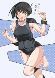 1girl amagami black_eyes black_hair black_jacket black_one-piece_swimsuit black_sailor_collar black_socks blazer competition_swimsuit gold_gloves highres jacket jishaku_(user_rcuz2843) kibito_high_school_uniform one-piece_swimsuit ponytail sailor_collar school_uniform short_hair socks solo standing standing_on_one_leg swimsuit swimsuit_under_clothes tsukahara_hibiki two-tone_swimsuit x-ray_vision