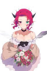 1girl absurdres armpit_crease bare_shoulders bouquet breasts brown_cardigan cardigan choker cleavage commission demon_horns detached_wings double_halo dress feca flower forehead green_eyes halo heterochromia highres holding holding_bouquet hololive hololive_english horns irys_(casualrys)_(hololive) irys_(hololive) jewelry lace lace_choker looking_at_viewer necklace off_shoulder open_cardigan open_clothes pink_hair pointy_ears red_eyes second-party_source short_hair simple_background sleeveless sleeveless_dress smile solo virtual_youtuber white_background white_dress wings