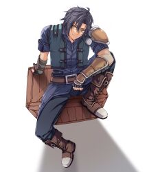 1boy absurdres ahoge arm_guards armor black_gloves black_hair boots commentary crate cropped_jacket eiyuu_densetsu english_commentary fingerless_gloves full_body gloves grin hair_between_eyes highres joshua_bright looking_at_viewer parted_bangs pauldrons sen_no_kiseki sen_no_kiseki_(series) sen_no_kiseki_iv shadow short_hair shoulder_armor sideburns simple_background single_pauldron sitting smile solo white_background yellow_eyes yuzukiyo