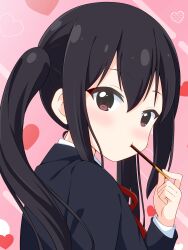 1girl absurdres beenyan_1203 black_hair brown_eyes double-parted_bangs food food_in_mouth from_side heart heart_background highres k-on! lone_nape_hair long_hair looking_at_viewer nakano_azusa pink_background pocky pocky_day pocky_in_mouth red_ribbon ribbon sakuragaoka_high_school_uniform school_uniform sidelocks solo twintails winter_uniform