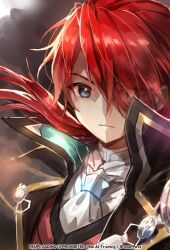 1boy adol_christin artist_name black_eyes closed_mouth commentary_request crimson_king_(ys) hair_over_one_eye high_collar long_hair looking_at_viewer male_focus red_hair shaded_face solo trianon twitter_username ys ys_ix:_monstrum_nox
