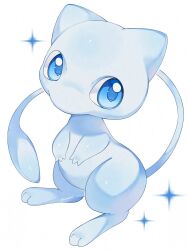 artist_name blue_eyes commentary full_body gen_1_pokemon highres iwasi_29 legendary_pokemon looking_at_viewer mew_(pokemon) mythical_pokemon nintendo no_humans pokemon pokemon_(creature) simple_background solo sparkle symbol-only_commentary white_background