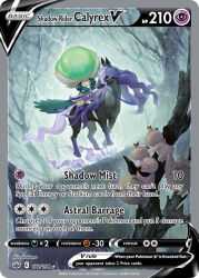 Rule 34 | artist name, calyrex, calyrex (rider), card (medium), character name, company name, copyright name, copyright notice, english text, eyelashes, gen 8 pokemon, horse, kodama (pukupuku), legendary pokemon, nintendo, official art, outdoors, pokemon, pokemon (creature), pokemon card, pokemon focus, pokemon tcg, reins, riding, riding pokemon, skwovet, snowing, spectrier, third-party source, trading card, tree